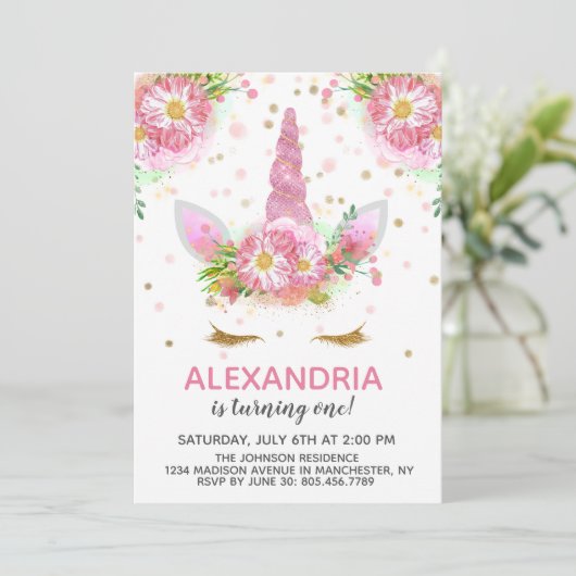 Unicorns in Bloom Birthday Einladung (Stehend Vorderseite)