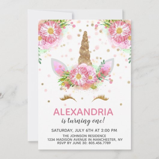 Unicorns in Bloom Einladung (Vorderseite)