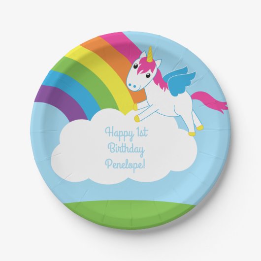 Unicorns & Rainbows Kinderparty Niedlich Pappteller (Vorderseite)