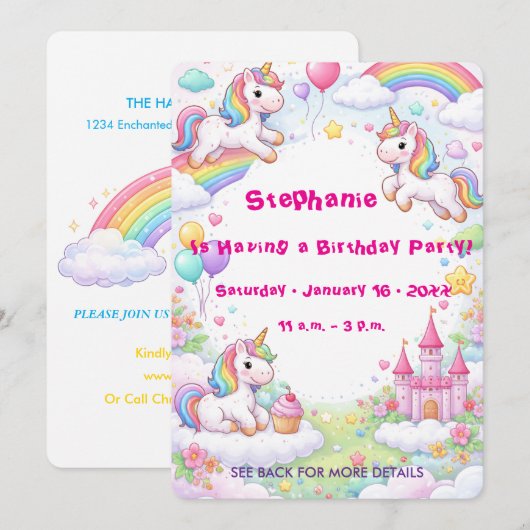 Unicorns & Rainbows Pastel Childs Birthday Einladung (Vorne/Hinten)