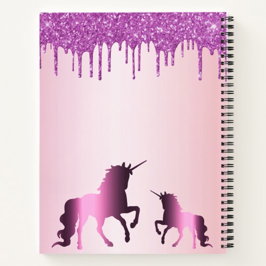 Unicorns rosa lila Glitzer Name Notizblock (Rückseite)