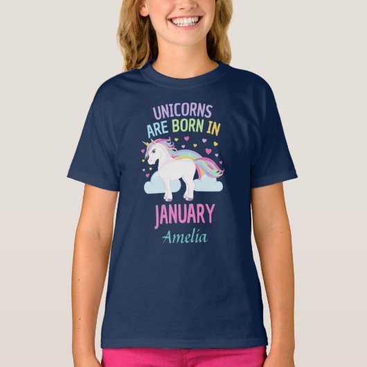 Unicorns sind geborenes im Januar personalisiertes T-Shirt (Vorderseite)