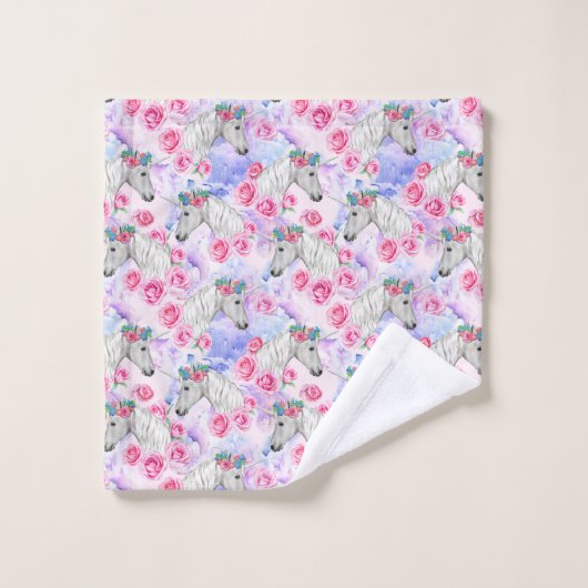 Unicorns-u. Rosen-Muster Badhandtuch Set (Waschlappen)