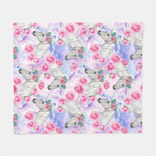 Unicorns-u. Rosen-Muster Fleecedecke (Vorderseite (Horizontal))