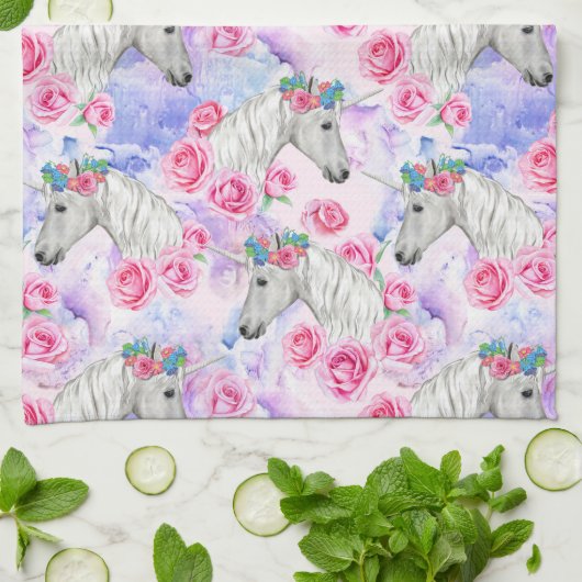 Unicorns-u. Rosen-Muster Geschirrtuch (Gefaltet)