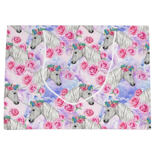 Unicorns-u. Rosen-Muster Große Geschenktüte (Vorderseite)