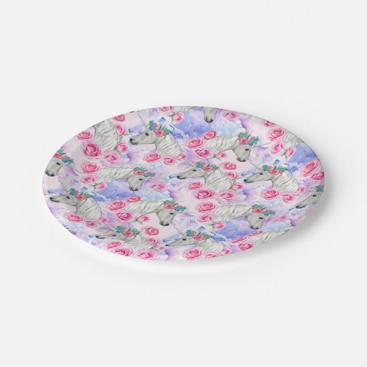 Unicorns-u. Rosen-Muster Pappteller (Schrägansicht)