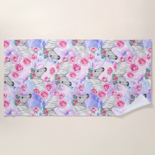 Unicorns-u. Rosen-Muster Strandtuch (Vorderseite)