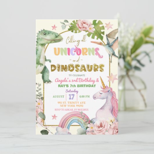 Unicorns und Dinosaurier Gemeinsame Geschwister Ge Einladung (Stehend Vorderseite)