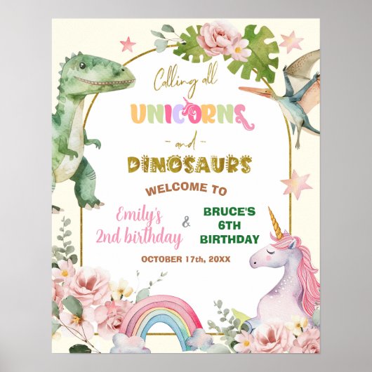 Unicorns und Dinosaurier Joint Sibling Welcome Sig Poster (Vorne)