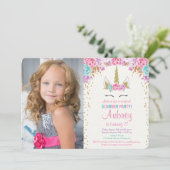 Unicornschlummer-Partyrosa und GoldFotogeburtstag Einladung (Stehend Vorderseite)