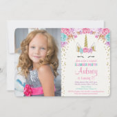 Unicornschlummer-Partyrosa und GoldFotogeburtstag Einladung (Vorderseite)