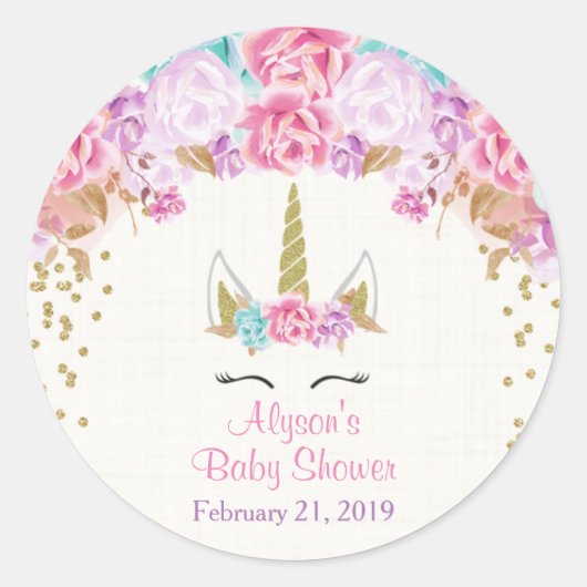 Unicoron Babyduschkleber, rosa und goldfarben Runder Aufkleber (Vorderseite)