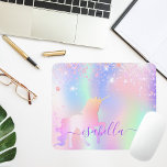 Unicoron Glitzer Staub rosa Rosengold Regenbogen Mousepad<br><div class="desc">Ein trendiger Iridescent, Hintergrund mit Einhorn- und Regenbogenpastellfarben in Rosa, lila, Rose Gold, Minzgrün. Dekoriert mit Imitaten Glitzer Staub und Regenbogenfarben Einhorn. Lila Buchstaben. Personalisieren und fügen Sie Ihren Namen mit einem mütterlichen Schrift mit Schriftzeichen im Stil von Schriftzeichen mit Swashes hinzu. Um die Swashes behalten, löschen Sie nur den...</div>