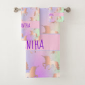 Unicoron Glitzer Tropfen Regenbogen Rosa lila Name Badhandtuch Set (Insitu)