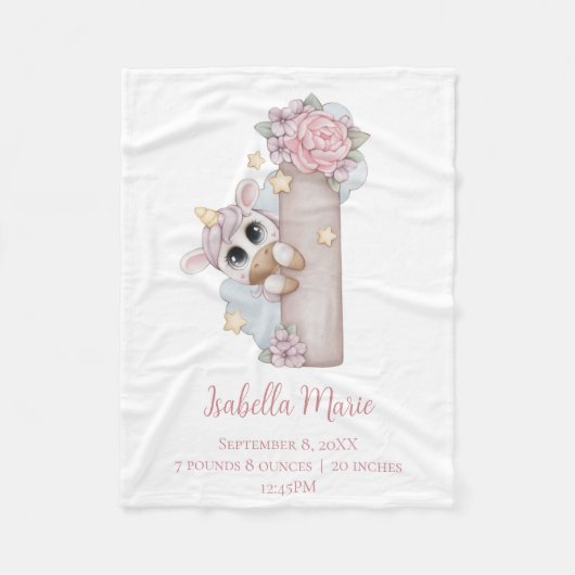 Unicoron Monogram Letter I Pink Baby Girl Gift Bab Fleecedecke (Vorderseite)