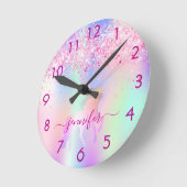 Unicorone Glitzer rot Rosa lila Monogramm-Bezeichn Runde Wanduhr (Winkel)