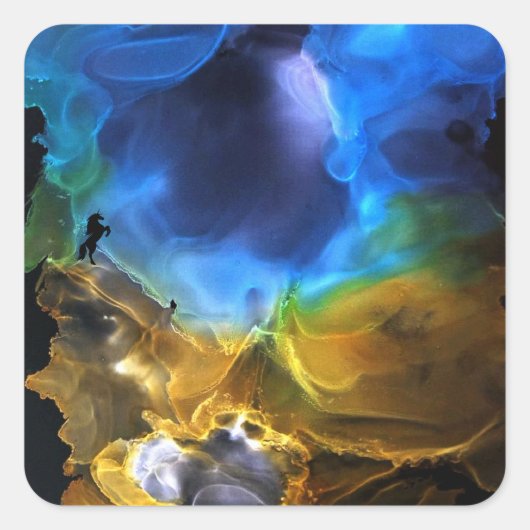 Unicorp Space Nebel blau gelb Alkoholtupfer Kunst Quadratischer Aufkleber (Vorderseite)