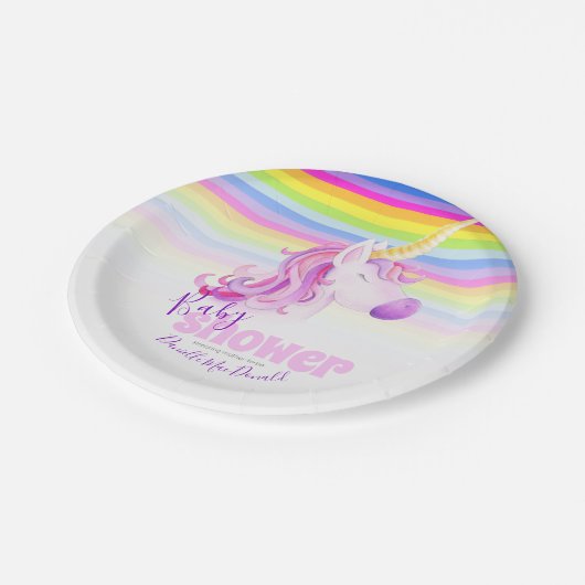 Unikorfarbene Teller und Regenbogenbabwduschen (Schrägansicht)