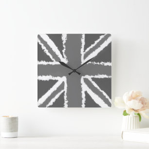 Union Jack Art Gray Tones Wall montiert Quadratische Wanduhr