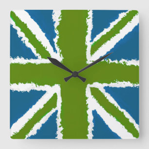 Union Jack Art Green Aquamarin Tones Wall Art Quadratische Wanduhr