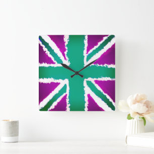 Union Jack Art Lila Greenl Tones Wall Art Quadratische Wanduhr