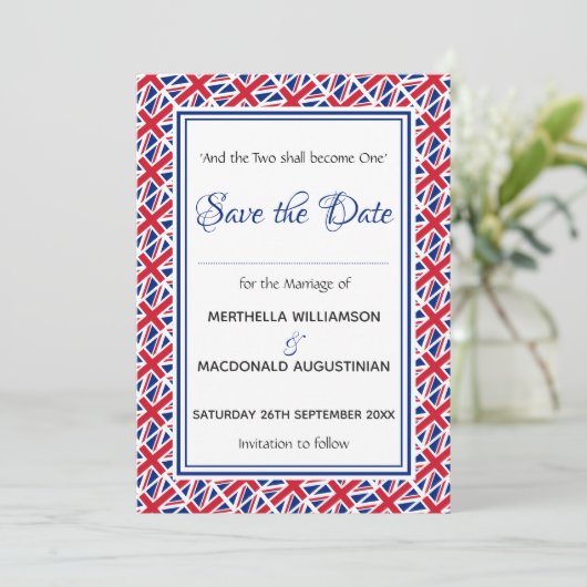 UNION JACK Customized Scripture Stylish UK Save The Date (Stehend Vorderseite)