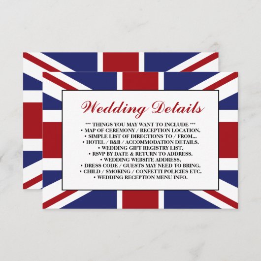 Union Jack Flag Britisches Hochzeitsszenario - Det Begleitkarte (Vorne/Hinten)