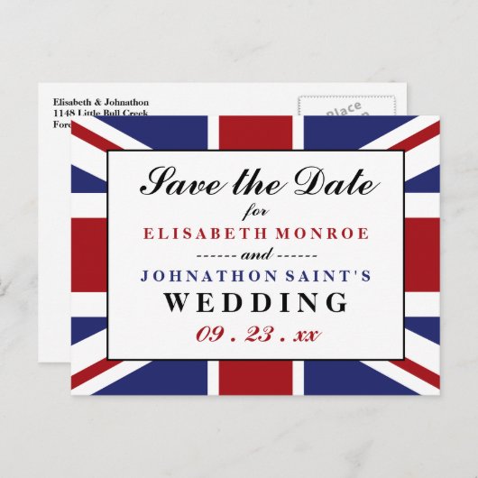 Union Jack Flag British Wedding rettet das Datum Ankündigungspostkarte (Vorne/Hinten)