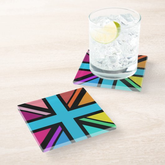 Union Jack/Flag mehrfarbig+Schwarz-Design Glasuntersetzer (Schrägansicht)