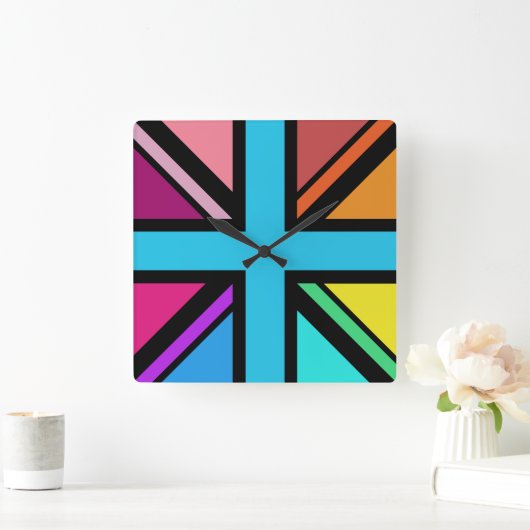 Union Jack/Flag mehrfarbig+Schwarz-Design Quadratische Wanduhr (Zuhause)