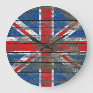 Union Jack on Rough Wood Boards Effect Große Wanduhr