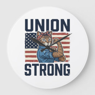 Union Starke Katze Arbeiter Patriotisch Vintage-Sh Große Wanduhr