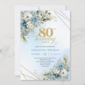 Unique 80th Birthday Invitation Boho Blue White Einladung (Vorderseite)