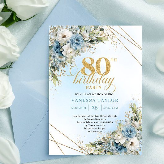 Unique 80th Birthday Invitation Boho Blue White Einladung