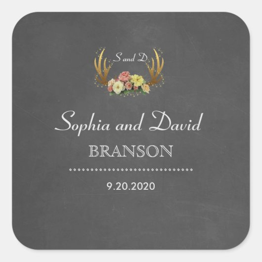 Unique Antlers Floral Chalkboard Wedding Monogram Quadratischer Aufkleber (Vorderseite)