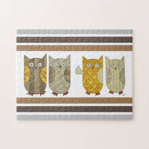 Unique Art Puzzle - 4 Gold Owls - Erin Brie Art
