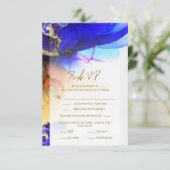 Unique Blue Orange Gold Wedding RSVP Card Karte (Stehend Vorderseite)