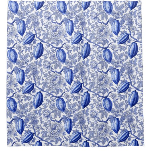 Unique Blue Toile Cocoa Chic Botanical Pattern Duschvorhang (Vorderseite)