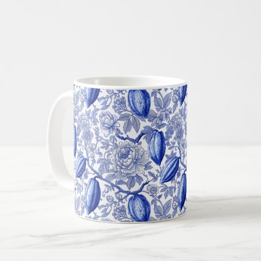 Unique Blue Toile Cocoa Chic Botanical Pattern Kaffeetasse (Vorderseite Links)