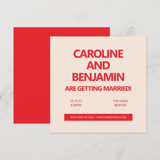 Unique Bold Red Text Modern Minimalist Wedding Einladung (Vorne/Hinten)