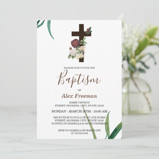 Unique Brown Script floral Christening & Baptisse Einladung (Stehend Vorderseite)