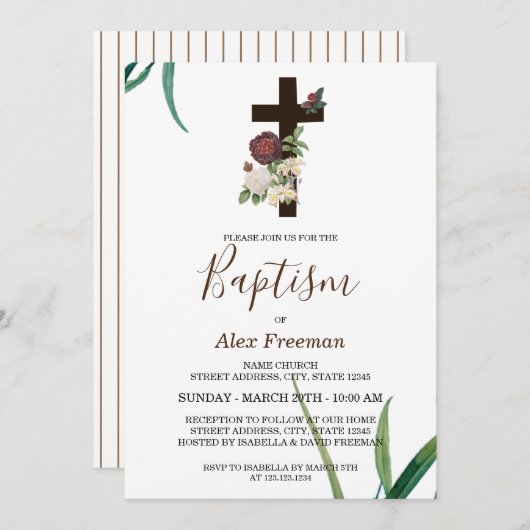Unique Brown Script floral Christening & Baptisse Einladung (Vorne/Hinten)