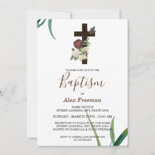 Unique Brown Script floral Christening & Baptisse Einladung