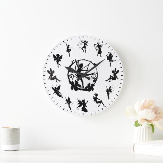 Unique Cute Fairy Black Silhouettes Themed Große Wanduhr (Zuhause)
