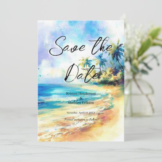 Unique Destination Beach Hochzeit Save The Date (Stehend Vorderseite)