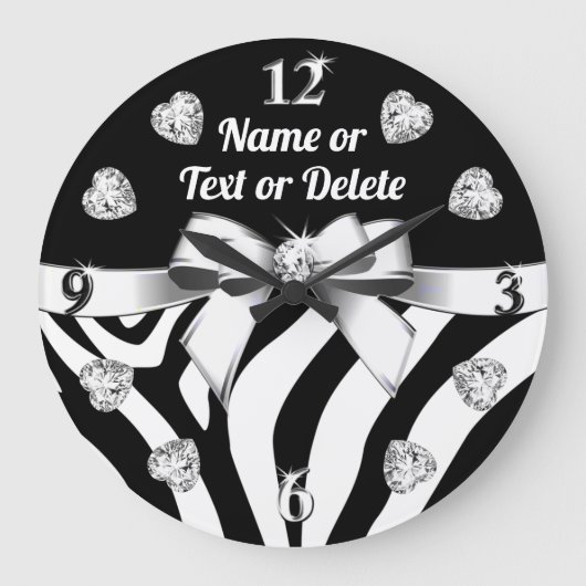 Unique Diamonds and Bow, ZEBRA PRINT Wall Clock Große Wanduhr (Vorderseite)