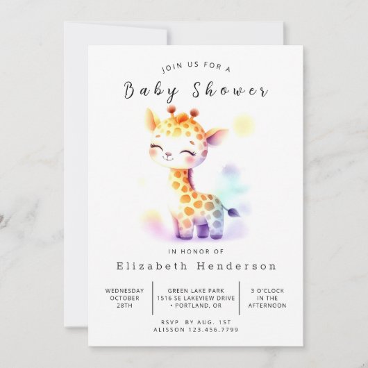 Unique Digital Giraffe Baby Dusche Einladung (Vorderseite)