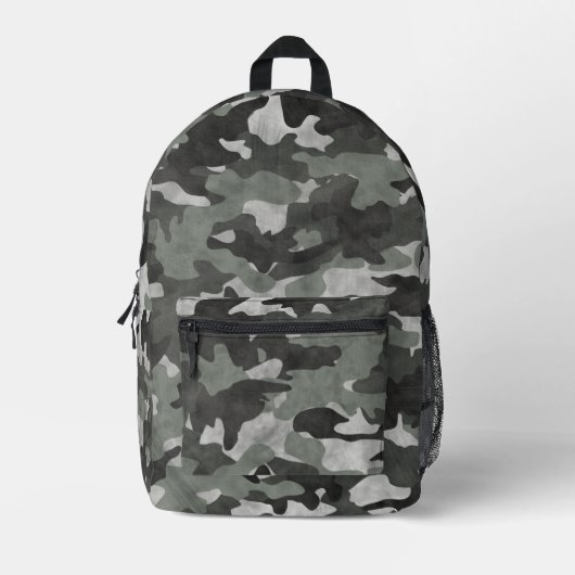 Unique Distressed Black and Gray Camouflage Patter Bedruckter Rucksack (Vorderseite)
