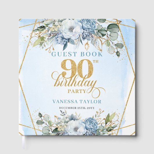 Unique Elegant Script Dusty Blue 90th Birthday Gästebuch (Vorderseite)